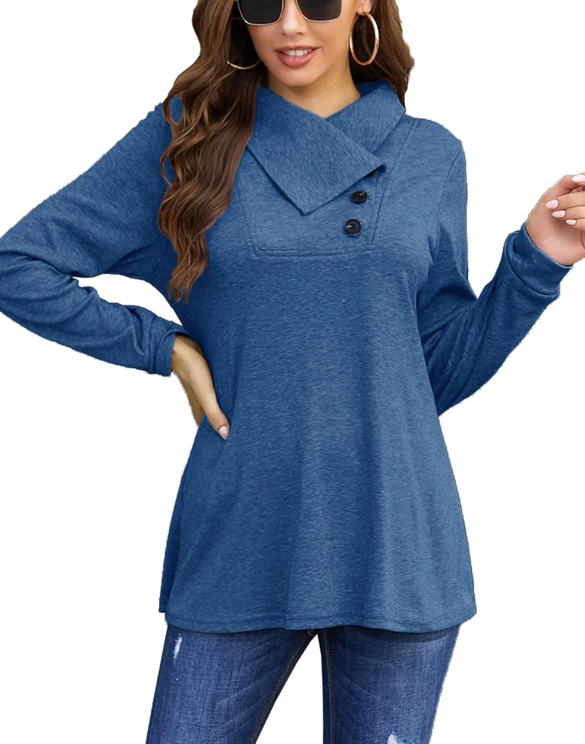 Bluetime Women's Fall Long Sleeve Cowl Neck Button Tunic Tops Lightweight Sweatshirts