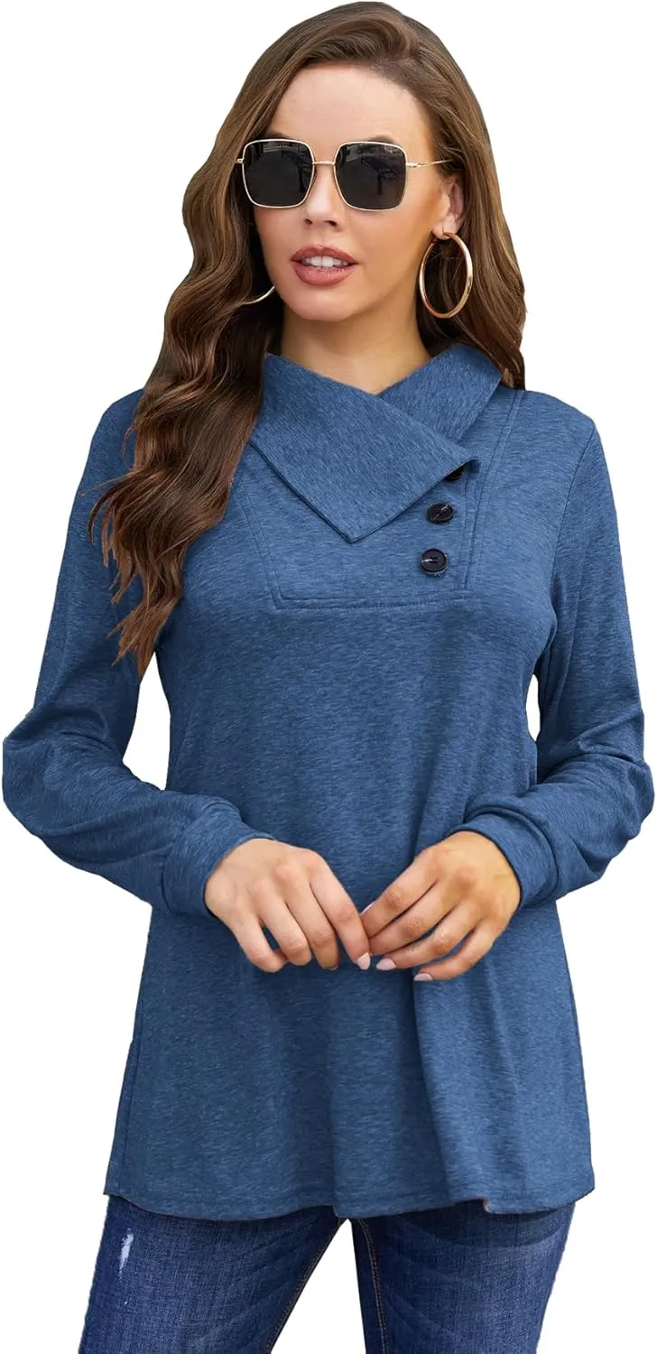 Bluetime Women's Fall Long Sleeve Cowl Neck Button Tunic Tops Lightweight Sweatshirts
