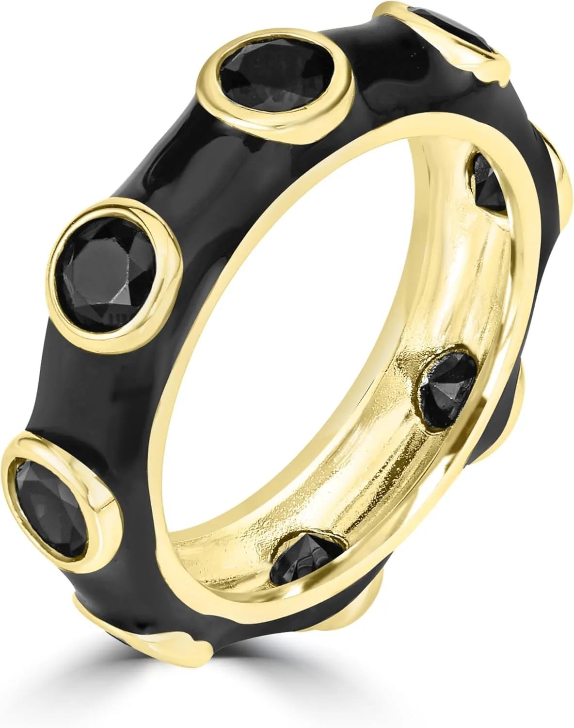 Bob Mackie Jewelry Gold over Brass Black Enamel Black Cubic Zirconia Band Ring, Size 6