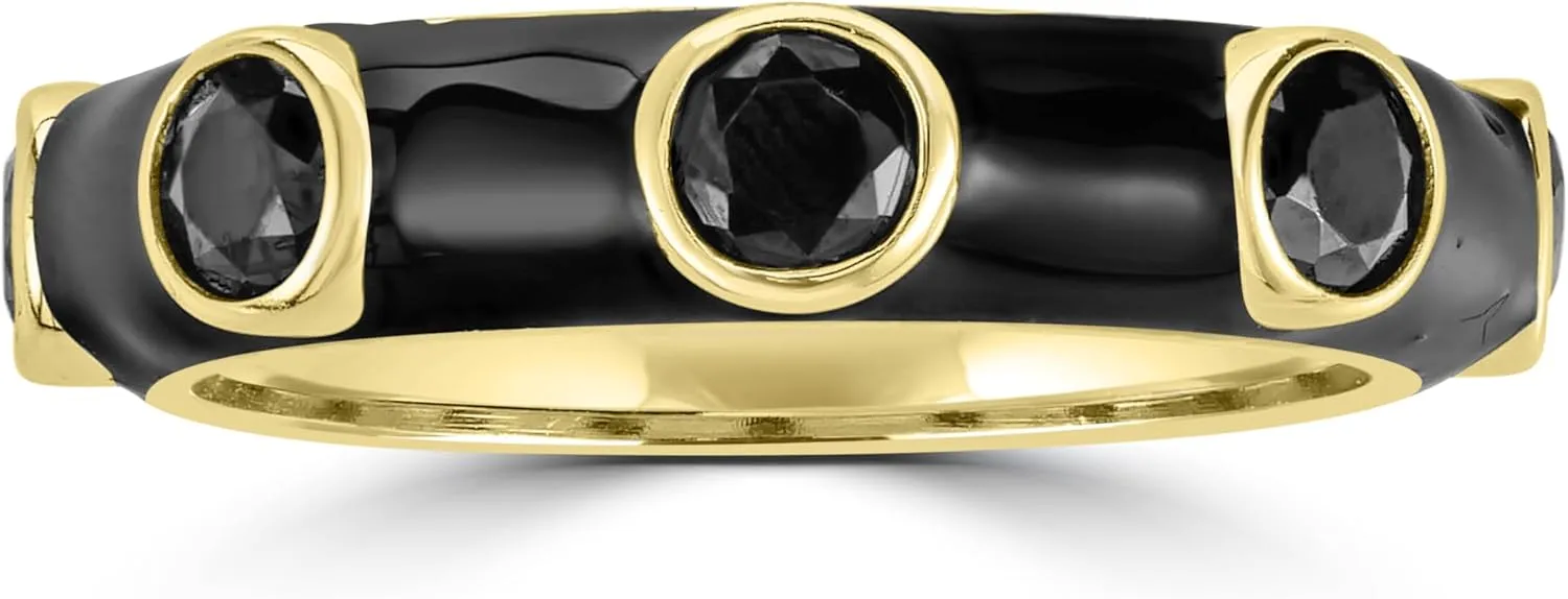 Bob Mackie Jewelry Gold over Brass Black Enamel Black Cubic Zirconia Band Ring, Size 6