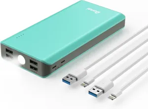 BONAI Portable Charger, 30000mAh Capacity External Battery Pack with Flashlight & 4-USB Outputs & Dual Inputs & 2 8-Pin Cables, Power Bank Fast Charging for iPhone Android Phone iPad etc-Green