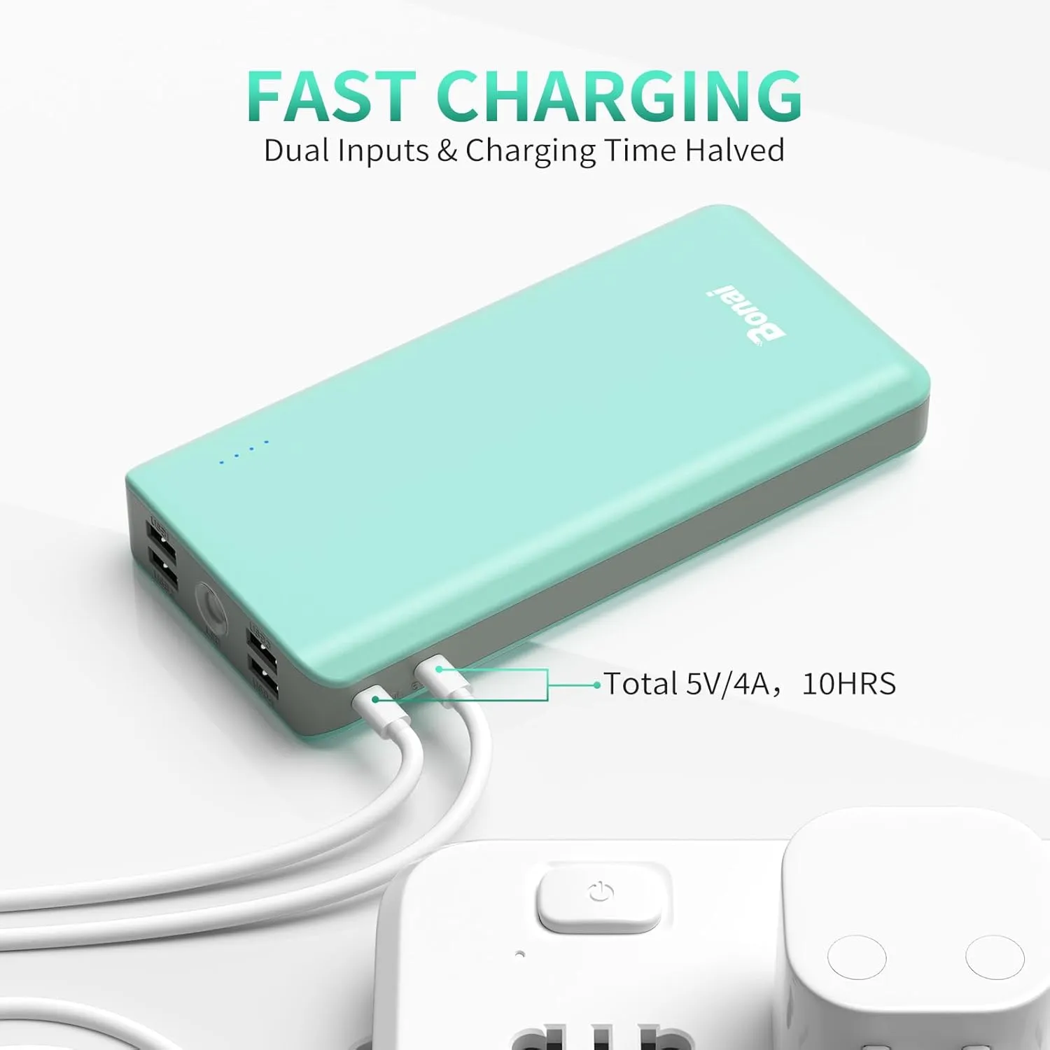 BONAI Portable Charger, 30000mAh Capacity External Battery Pack with Flashlight & 4-USB Outputs & Dual Inputs & 2 8-Pin Cables, Power Bank Fast Charging for iPhone Android Phone iPad etc-Green
