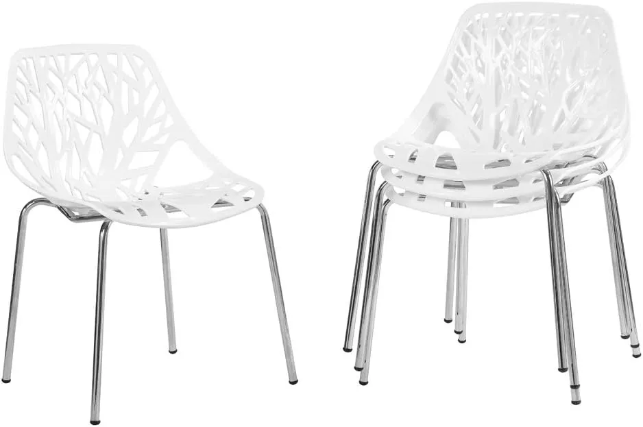 Bonnlo Modern Stackable Chair Set of 4,Kitchen White Dining Chairs,Birch Sapling Comfy Chairs for Dining Room,Living Room,Waiting Room (White)