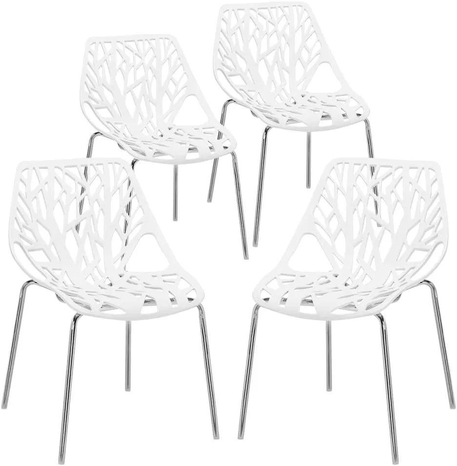 Bonnlo Modern Stackable Chair Set of 4,Kitchen White Dining Chairs,Birch Sapling Comfy Chairs for Dining Room,Living Room,Waiting Room (White)