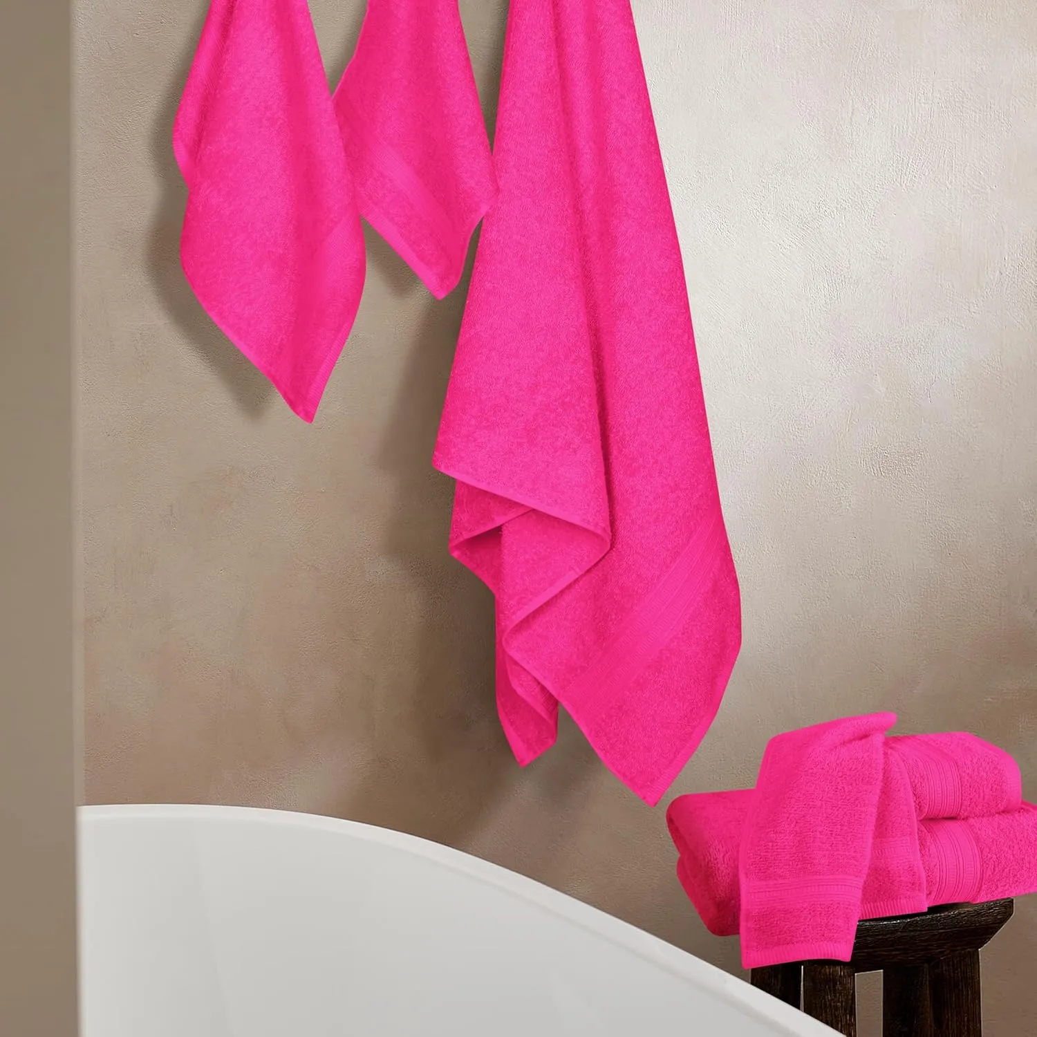 BOUTIQUO 6 Pack Cotton Towel Set, Contains 2 Bath Towels 27x54 inch, 2 Hand Towels 16x24 inch & 2 Wash Coths 12x12 inch, Ideal Everyday use, Ultra Soft Compact & Lightweight - Hot Pink