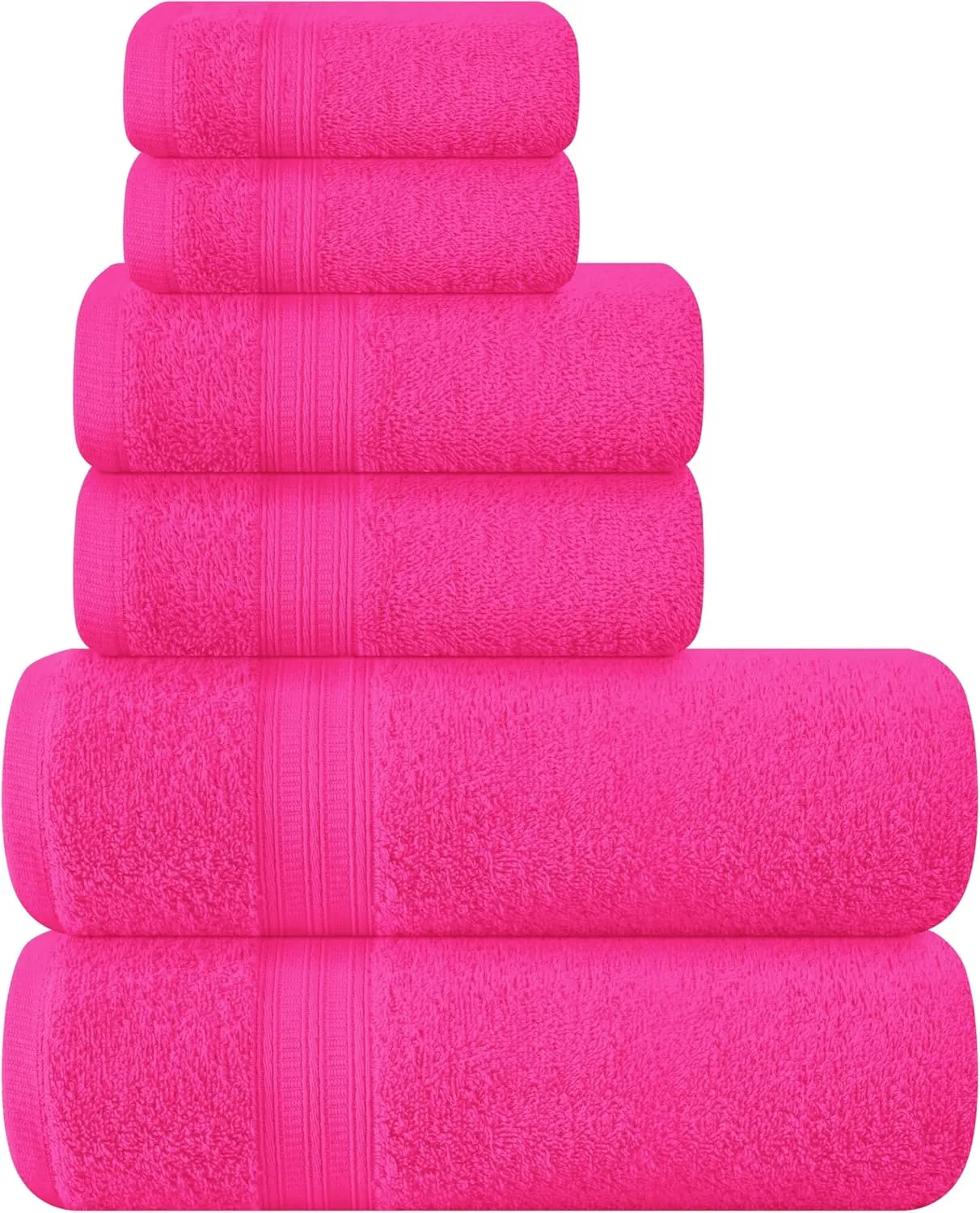 BOUTIQUO 6 Pack Cotton Towel Set, Contains 2 Bath Towels 27x54 inch, 2 Hand Towels 16x24 inch & 2 Wash Coths 12x12 inch, Ideal Everyday use, Ultra Soft Compact & Lightweight - Hot Pink