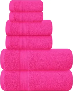 BOUTIQUO 6 Pack Cotton Towel Set, Contains 2 Bath Towels 27x54 inch, 2 Hand Towels 16x24 inch & 2 Wash Coths 12x12 inch, Ideal Everyday use, Ultra Soft Compact & Lightweight - Hot Pink