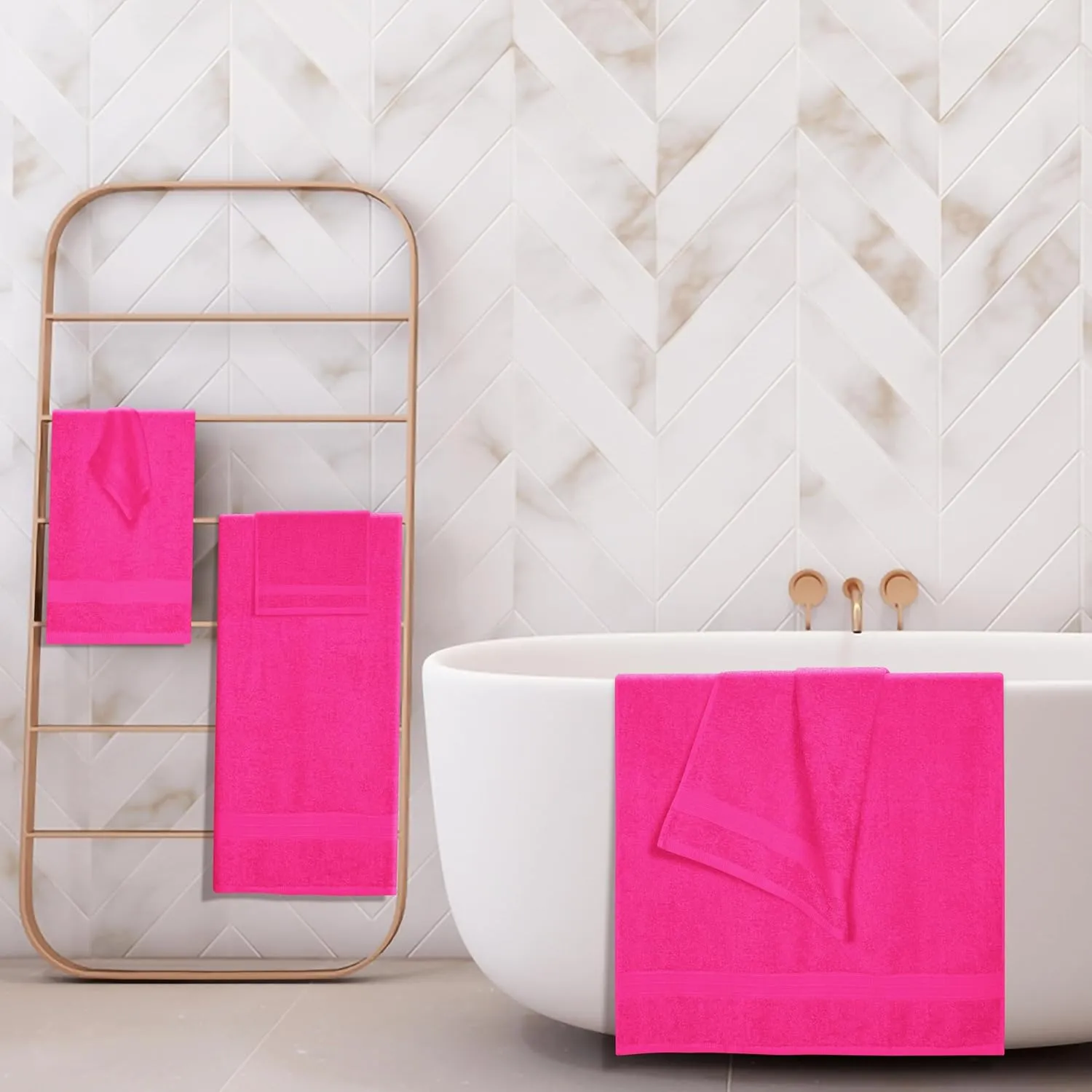 BOUTIQUO 6 Pack Cotton Towel Set, Contains 2 Bath Towels 27x54 inch, 2 Hand Towels 16x24 inch & 2 Wash Coths 12x12 inch, Ideal Everyday use, Ultra Soft Compact & Lightweight - Hot Pink