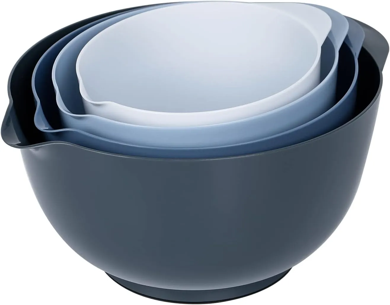 BoxedHome Nesting Plastic Mixing Bowl Set With Pour Spout, Microwave and Dishwasher Safe, BPA free Non-Slip Base, Set of 4 Size 1.7, 2.5, 3.5 and 4.5qt, Great for Prepping, Baking, Cooking (Haze Blue)