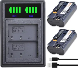 BP-511 BP-511A Battery and LED USB Dual Charger for Canon EOS 5D, 10D, 20D, 30D, 40D, 50D, Digital Rebel 1D, D60, 300D, D30, Kiss Powershot G5, Pro 1, G2, G3, G6, G1, Pro90 (Not for 5D Mark III)