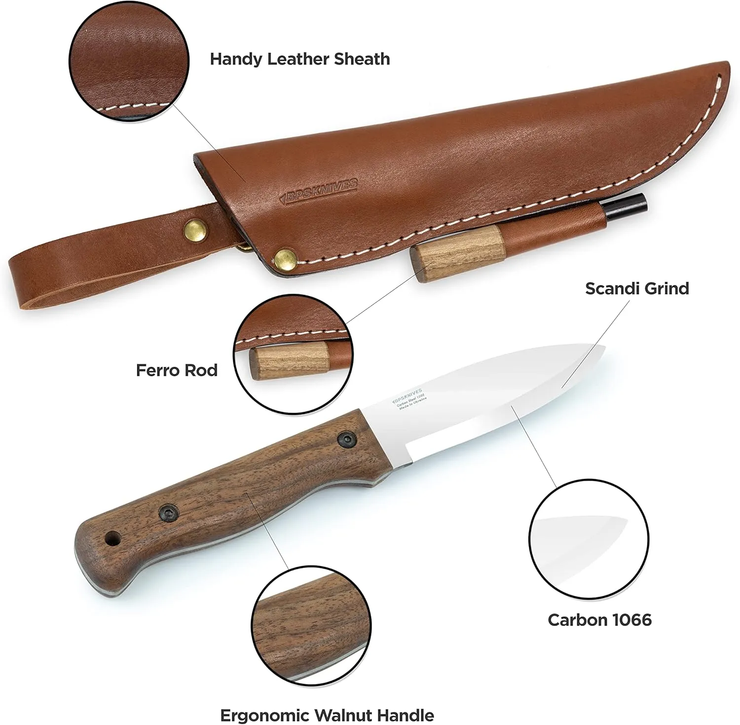 BPS Knives B1 CSHF - Bushcraft Knife for Men - Camping Survival Fixed Blade With Sheath and Ferro Rod - Full Tang Carbon Steel Camp Tool
