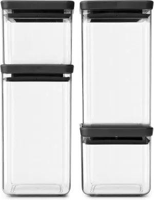 Brabantia Tasty  4pc Stackable Food Canisters Set (Dark Gray) 2x 0.7qt & 2x 1.7qt BPA-Free Space-Saving Jars with Silicone Seal Lids for Freshness