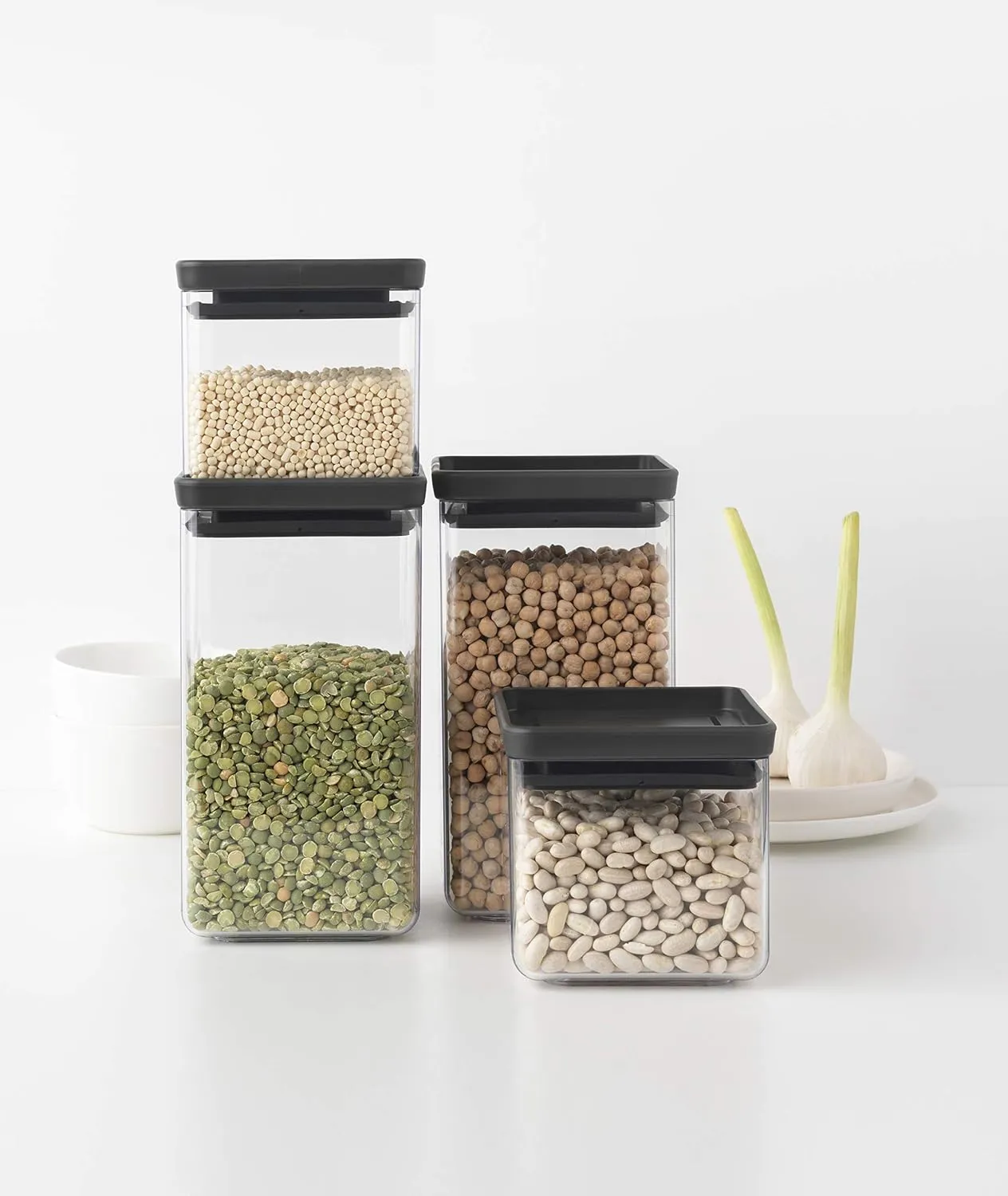 Brabantia Tasty  4pc Stackable Food Canisters Set (Dark Gray) 2x 0.7qt & 2x 1.7qt BPA-Free Space-Saving Jars with Silicone Seal Lids for Freshness