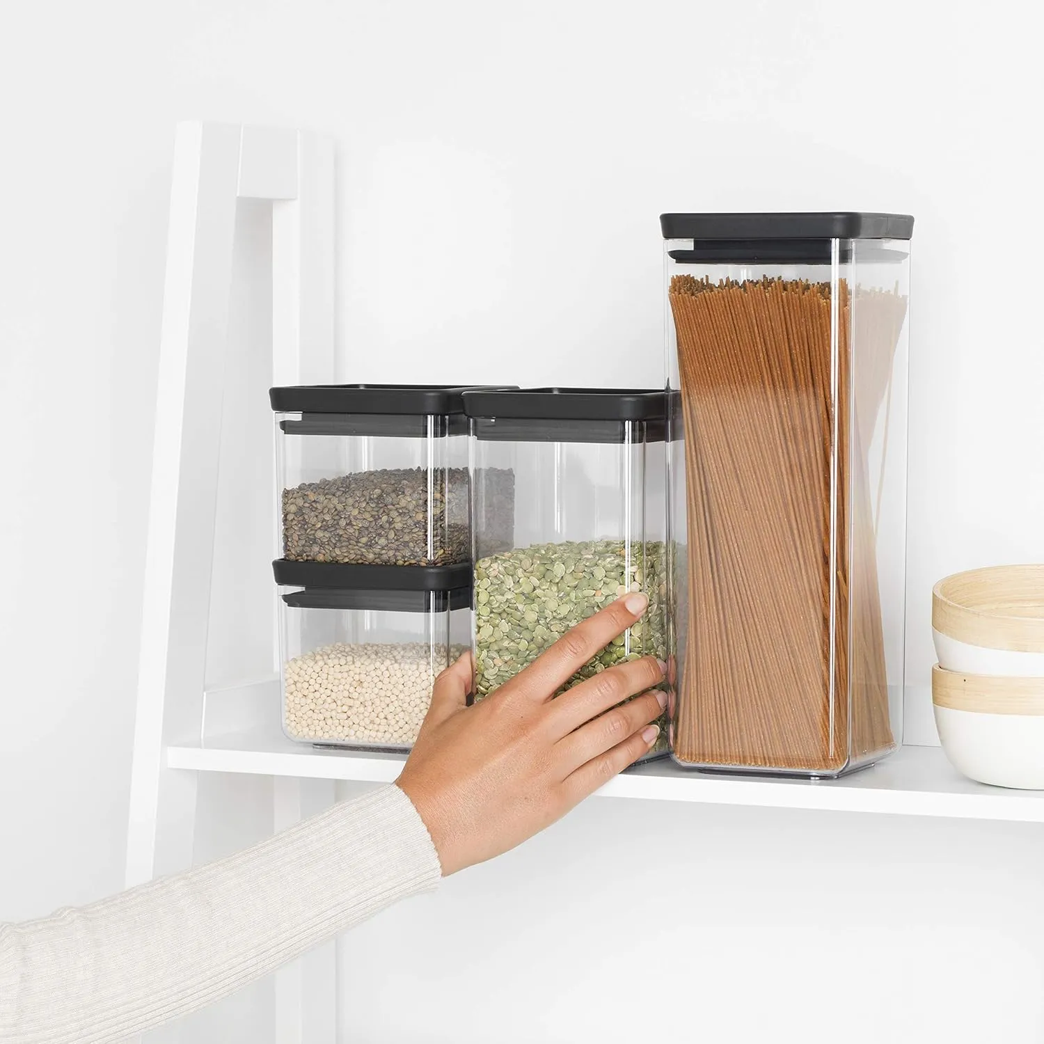 Brabantia Tasty  4pc Stackable Food Canisters Set (Dark Gray) 2x 0.7qt & 2x 1.7qt BPA-Free Space-Saving Jars with Silicone Seal Lids for Freshness