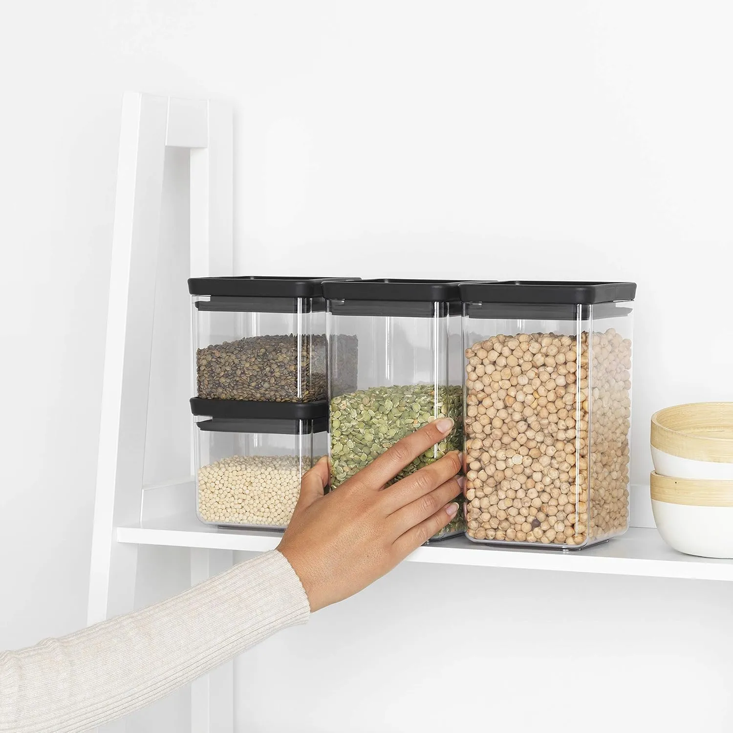 Brabantia Tasty  4pc Stackable Food Canisters Set (Dark Gray) 2x 0.7qt & 2x 1.7qt BPA-Free Space-Saving Jars with Silicone Seal Lids for Freshness