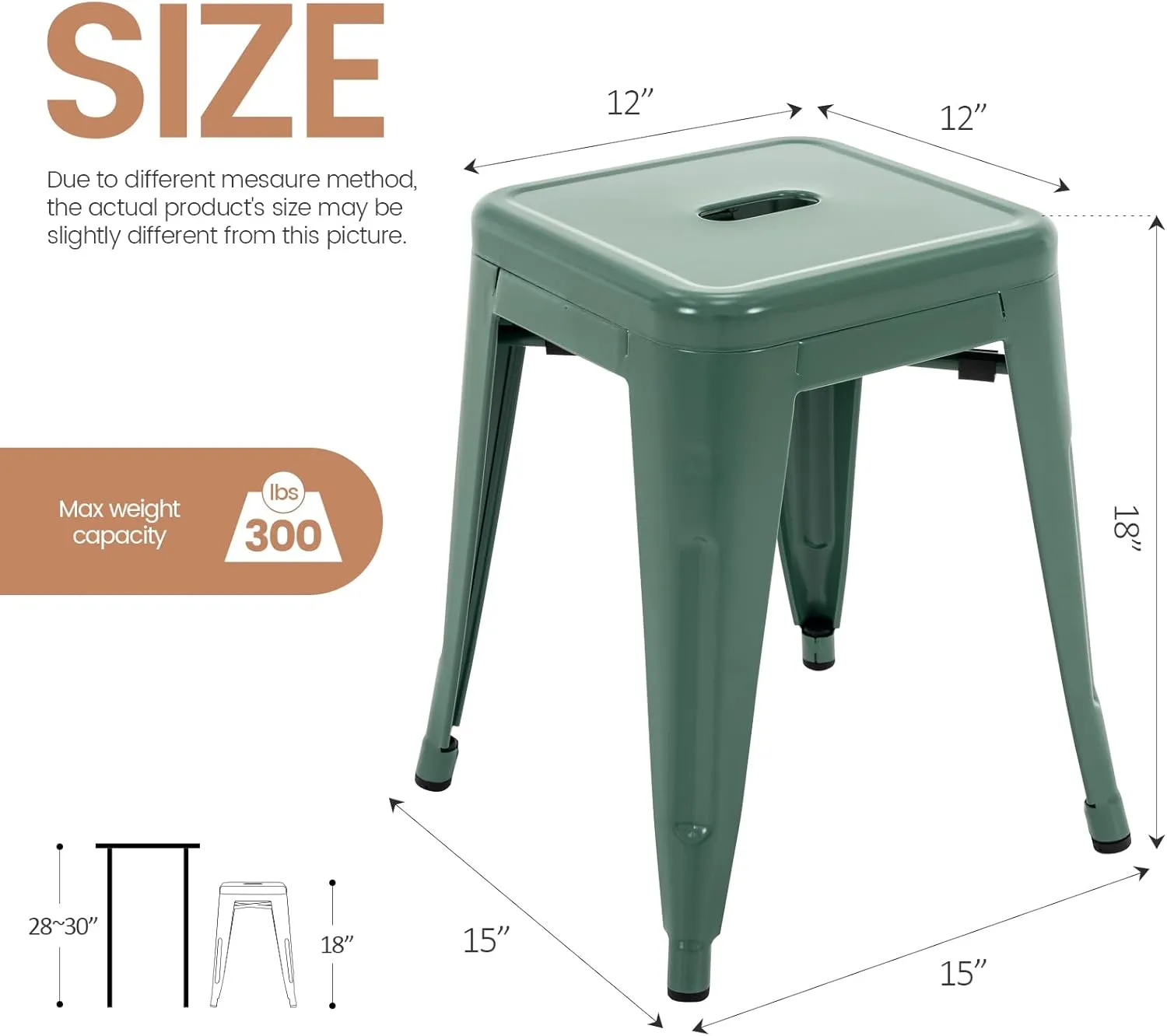 Brage Living 18 Inch Industrial Metal Stools Set of 4, Stackable Classroom & Dining Chairs for Indoor Outdoor, Kitchen Short Stools (Dark Green)