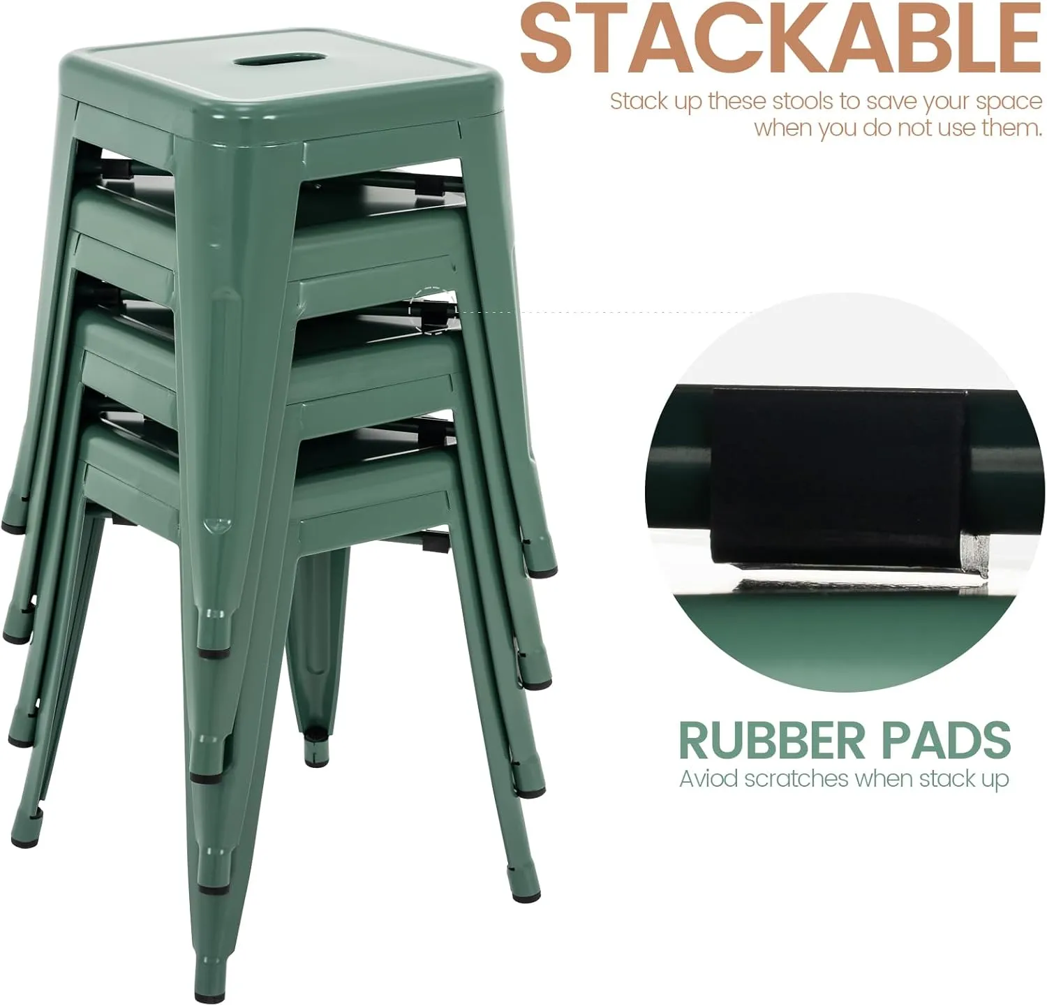 Brage Living 18 Inch Industrial Metal Stools Set of 4, Stackable Classroom & Dining Chairs for Indoor Outdoor, Kitchen Short Stools (Dark Green)