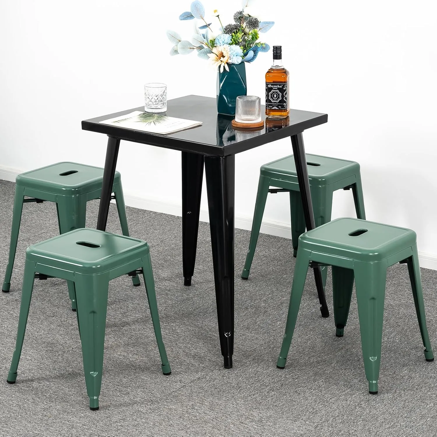 Brage Living 18 Inch Industrial Metal Stools Set of 4, Stackable Classroom & Dining Chairs for Indoor Outdoor, Kitchen Short Stools (Dark Green)