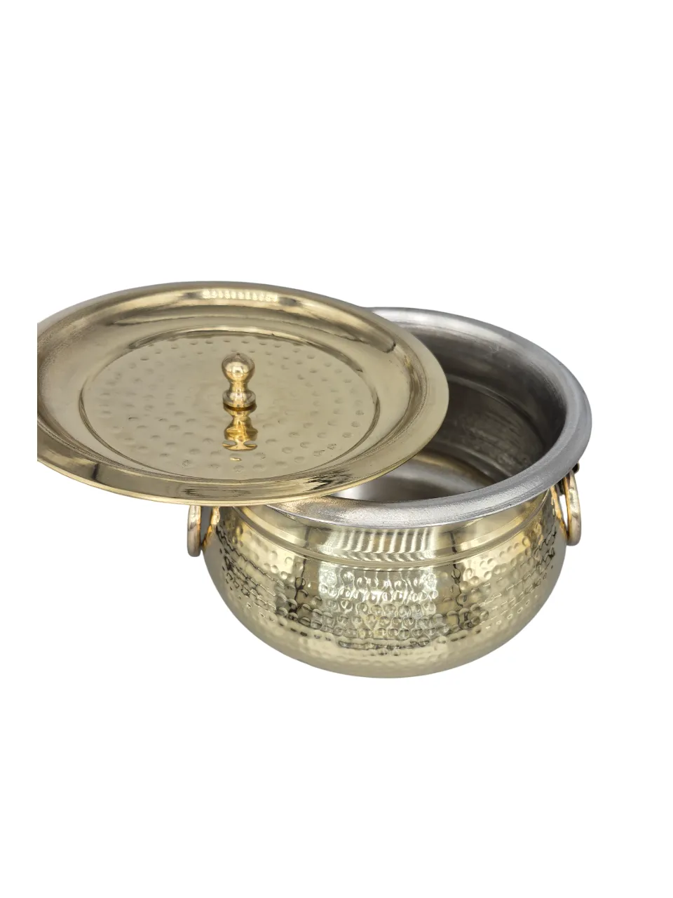 Brass Hammered Ring Handi Deg with Handle & Lid, Kalai Coating, 8", 3 Liter