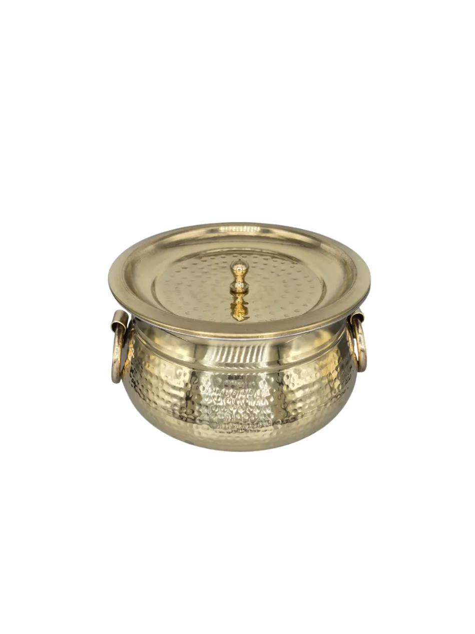 Brass Hammered Ring Handi Deg with Handle & Lid, Kalai Coating, 8", 3 Liter