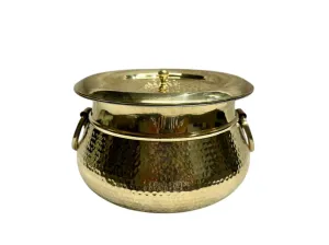 Brass Hammered Ring Handi Deg with Handle & Lid, Kalai Coating, 8", 3 Liter