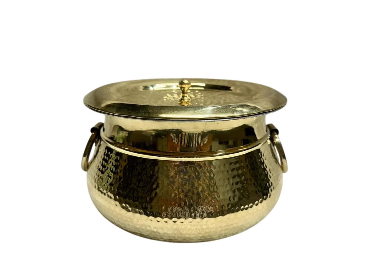 Brass Hammered Ring Handi Deg with Handle & Lid, Kalai Coating, 8", 3 Liter