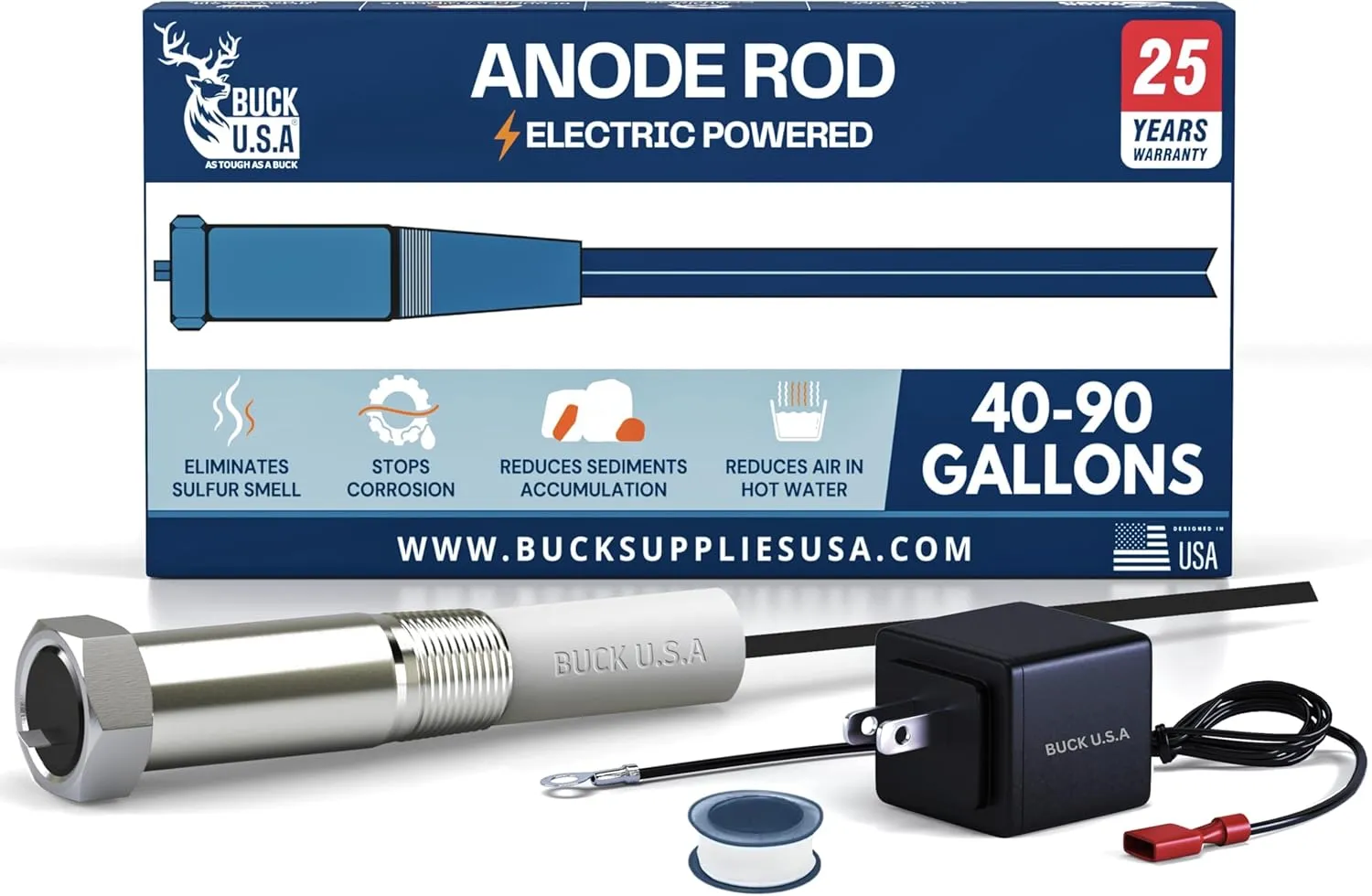 Buck Titanium Powered Electric Anode Rod for 40-90 Gallon Hot Water Heater Tanks - 25-Year Warranty, Eliminates Rotten Egg & Sulfur Smell, Fast Installation, Prevents Corrosion, Universal Fit, 1-Pack