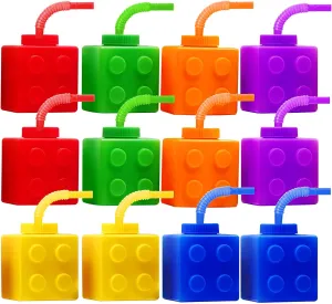 Building Blocks Cups 12 oz Reusable Brick Party Kids Cup Plastic Party Cups with Lids and Straws for Block Birthday Party Supplies Favors 12 PCS