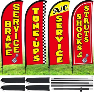 Buryeah 4 Pack Auto Repair Shop Feather Flag Kit with Flagpole Ground Stake Portable Bag for Business Advertisement, Flag Pole Set Includes Feather Flags, Pole and Ground Spikes(Red)