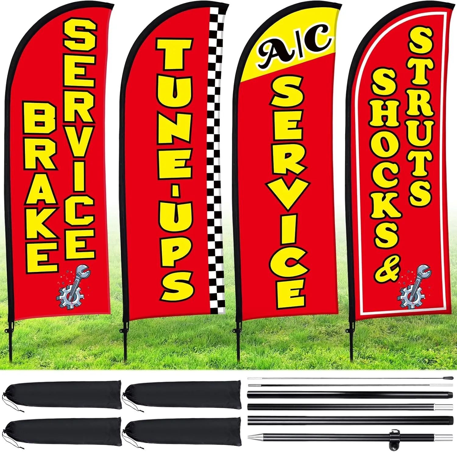 Buryeah 4 Pack Auto Repair Shop Feather Flag Kit with Flagpole Ground Stake Portable Bag for Business Advertisement, Flag Pole Set Includes Feather Flags, Pole and Ground Spikes(Red)
