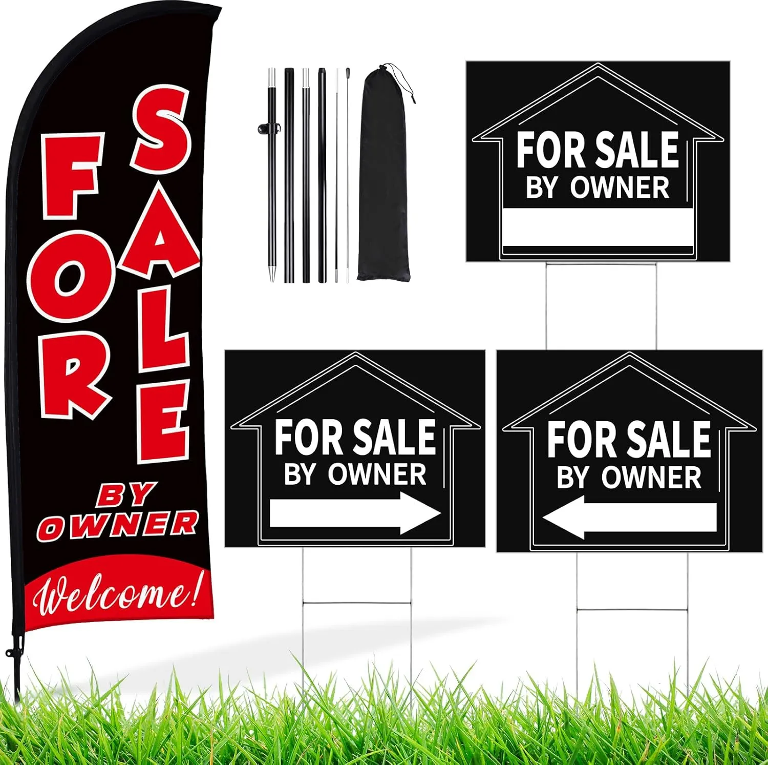 Buryeah for Sale by Owner Sign Set 1 Pack for Sale by Owner Flag 3 Pack Double Sided Real Estate Directional Arrows Signs with Metal Stakes House for Sale Yard Signs for Estate Agent Supplies (Black)