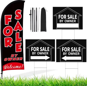 Buryeah for Sale by Owner Sign Set 1 Pack for Sale by Owner Flag 3 Pack Double Sided Real Estate Directional Arrows Signs with Metal Stakes House for Sale Yard Signs for Estate Agent Supplies (Black)