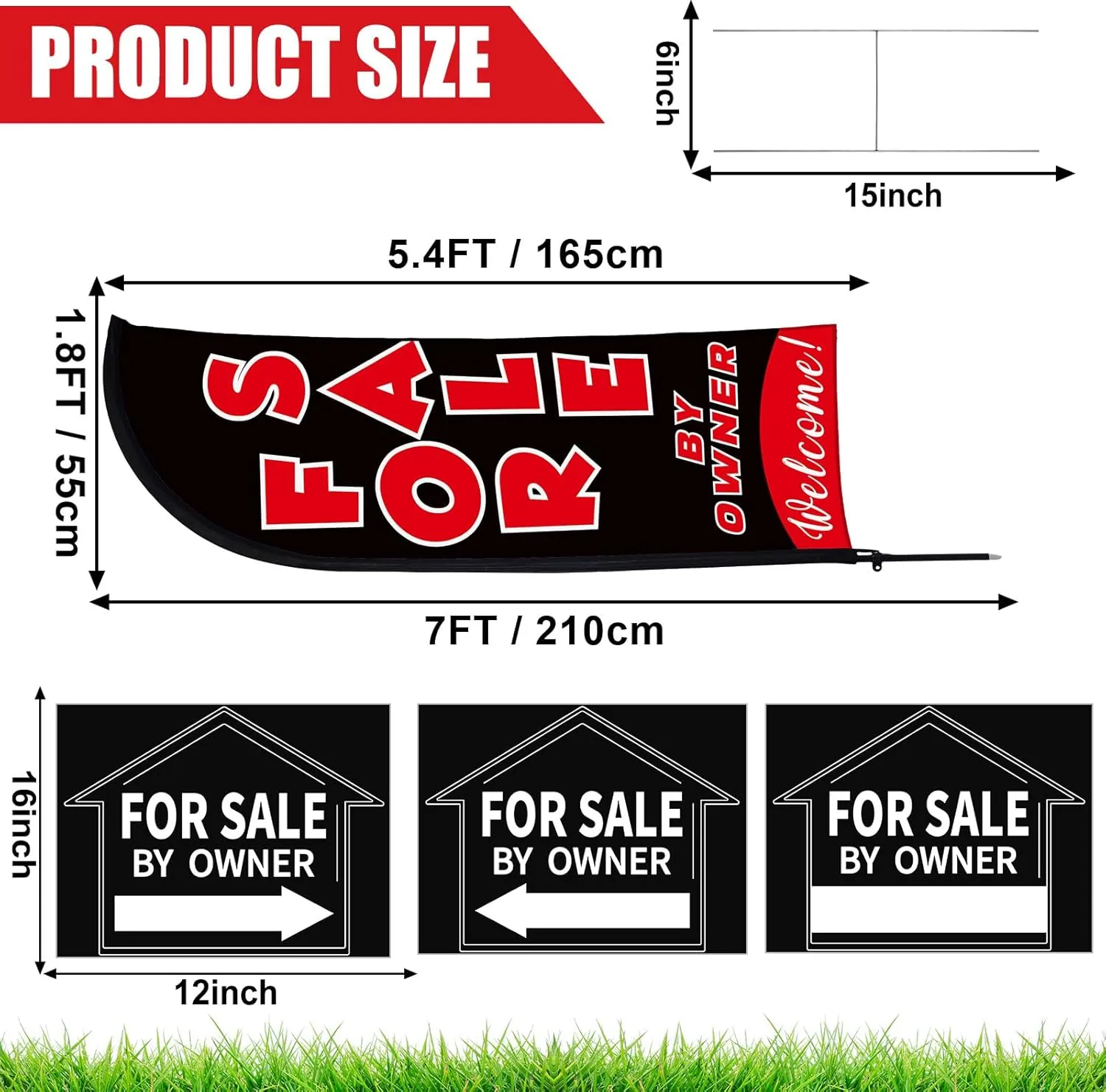 Buryeah for Sale by Owner Sign Set 1 Pack for Sale by Owner Flag 3 Pack Double Sided Real Estate Directional Arrows Signs with Metal Stakes House for Sale Yard Signs for Estate Agent Supplies (Black)