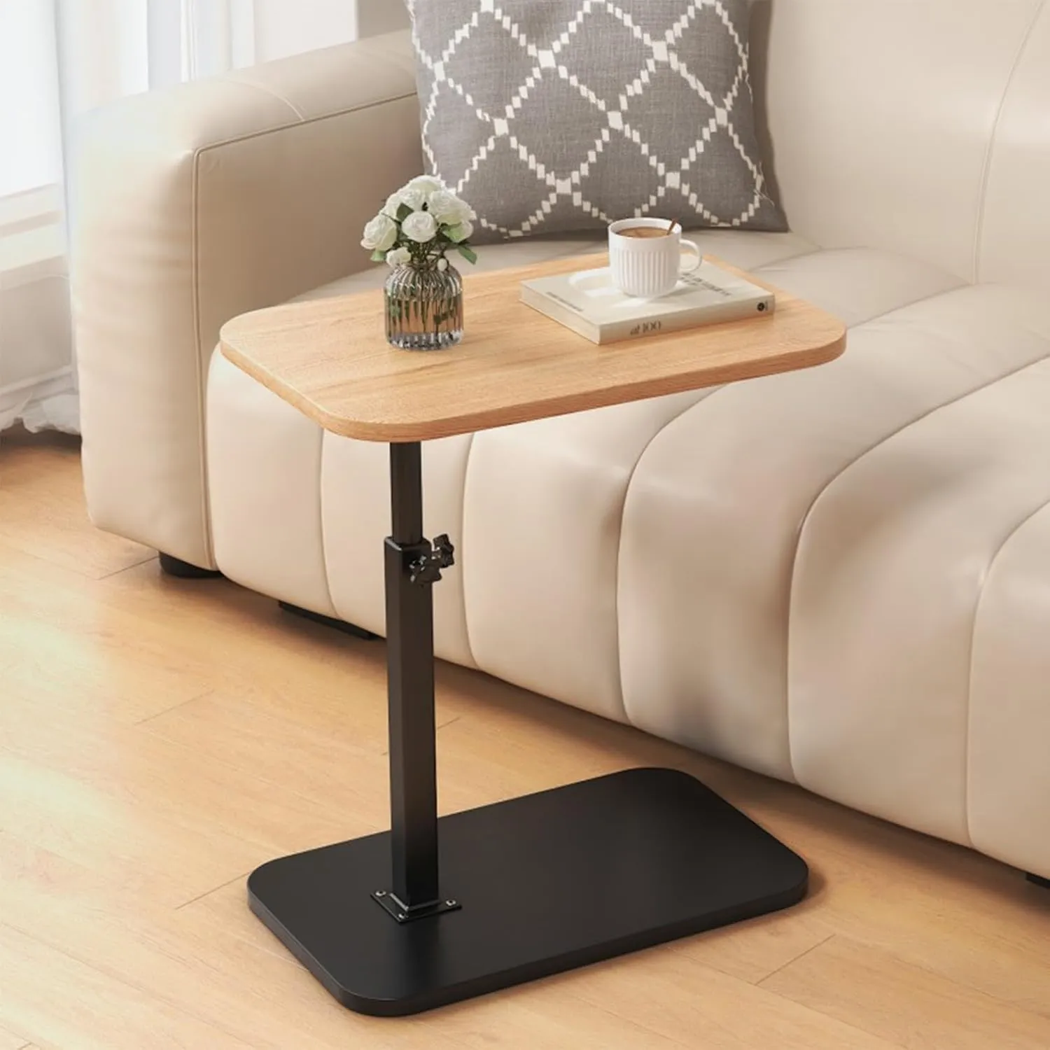 C Shaped End Table, Adjustable Height Couch Side Table, Horizontal 360°Swivel Small Couch Side Tables That Slide Under, C Shaped End Table TV Tray Table for Couch