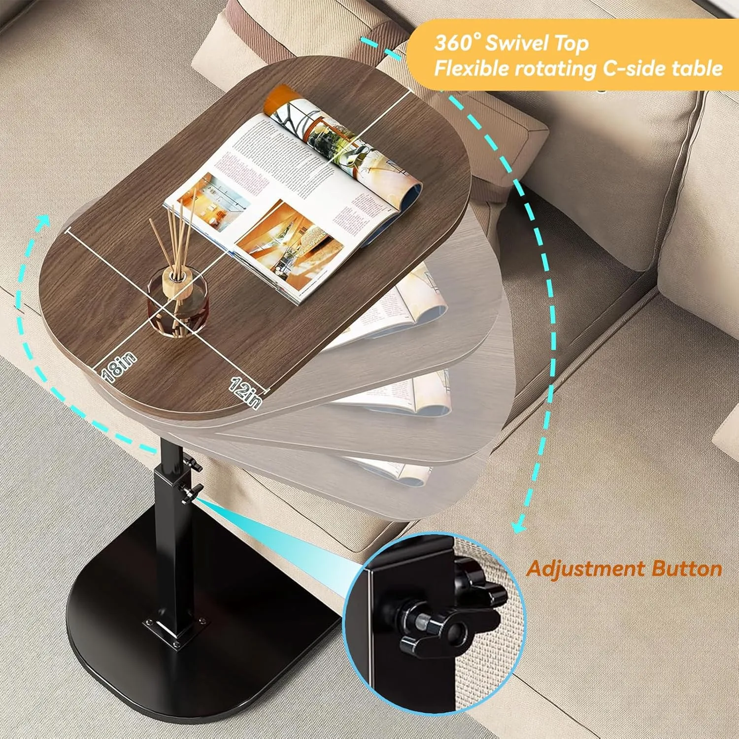 C Shaped End Table, Adjustable Height Couch Side Table, Horizontal 360°Swivel Small Couch Side Tables That Slide Under, C Shaped End Table TV Tray Table for Couch