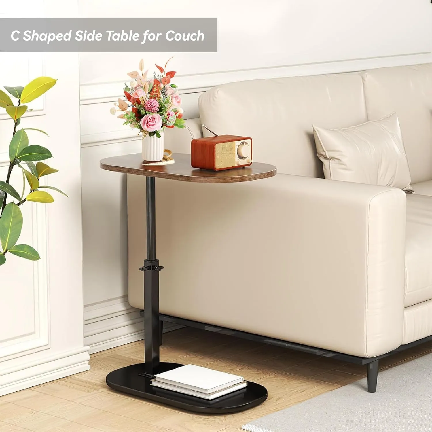 C Shaped End Table, Adjustable Height Couch Side Table, Horizontal 360°Swivel Small Couch Side Tables That Slide Under, C Shaped End Table TV Tray Table for Couch
