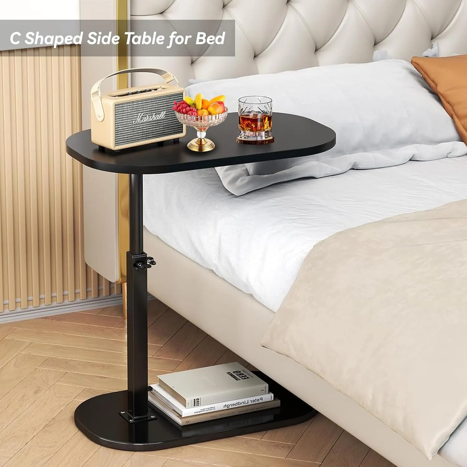 C Shaped End Table, Adjustable Height Couch Side Table, Horizontal 360°Swivel Small Couch Side Tables That Slide Under, C Shaped End Table TV Tray Table for Couch