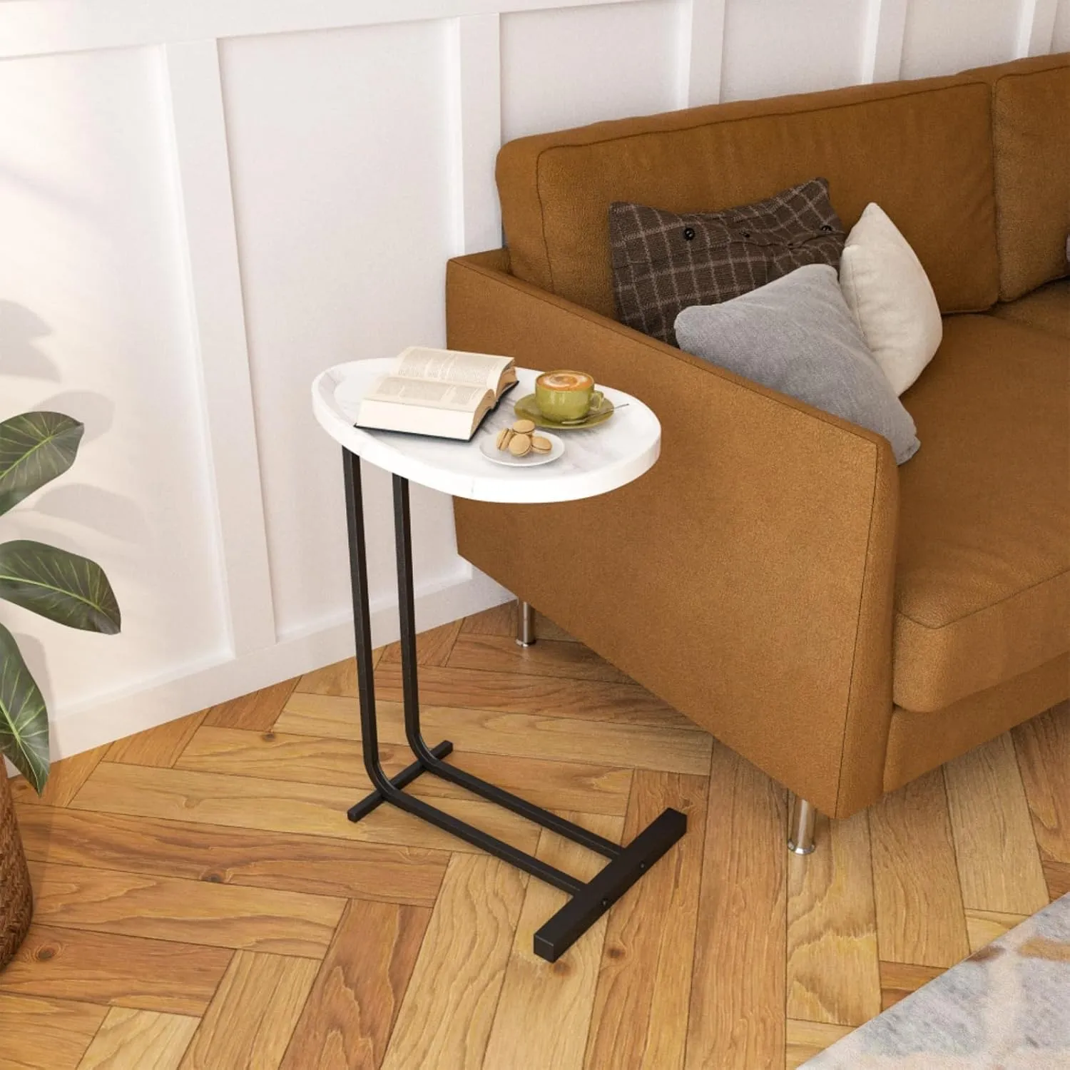 C-Shaped Side Table with Metal Frame,Space-Saving End Table for Sofa & Bedside,Lightweight MDF Couch Table for Small Spaces, Living Room & Bedroom (Easy 5-Min Assembly) (White（Pack of 1）)