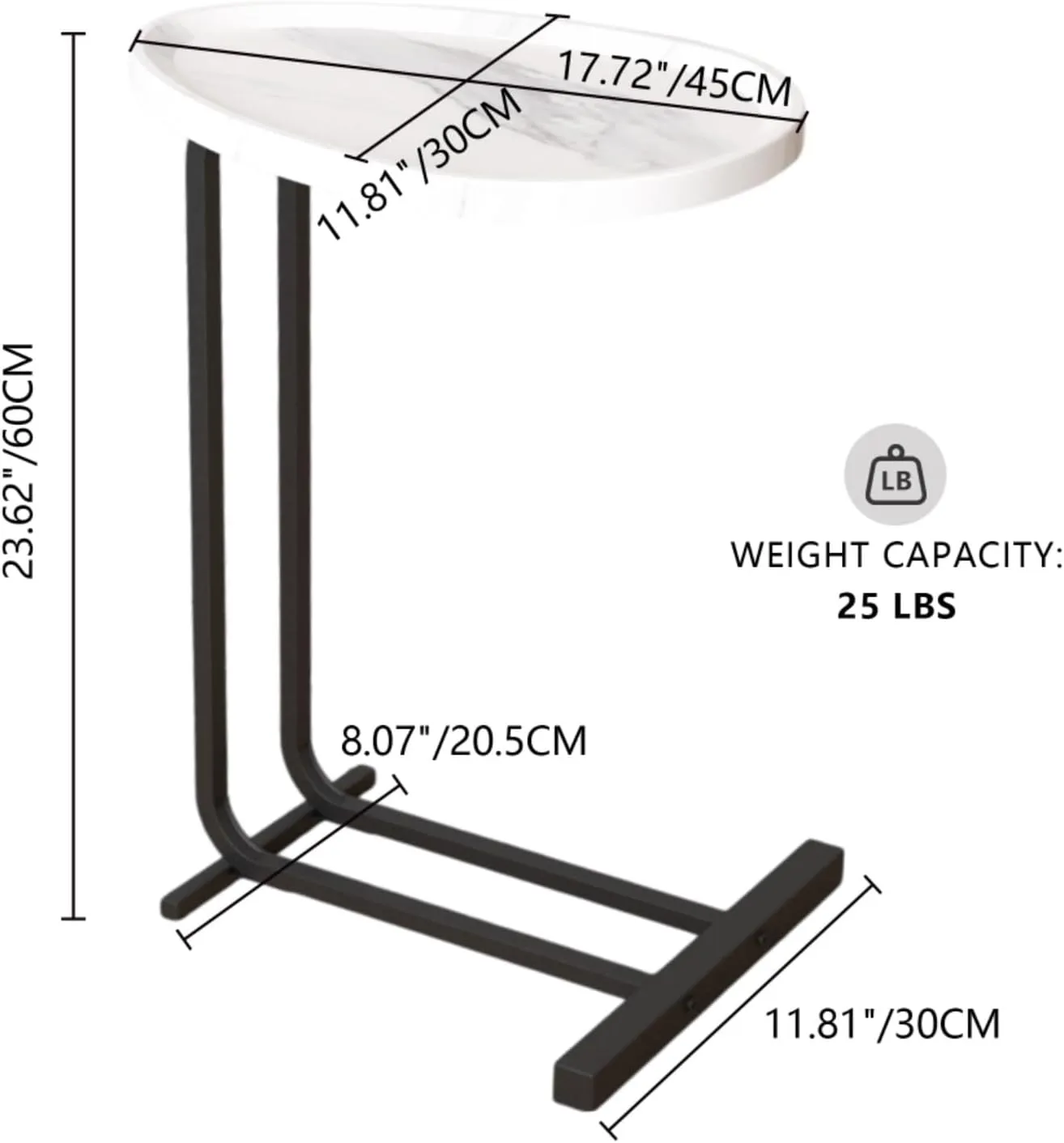 C-Shaped Side Table with Metal Frame,Space-Saving End Table for Sofa & Bedside,Lightweight MDF Couch Table for Small Spaces, Living Room & Bedroom (Easy 5-Min Assembly) (White（Pack of 1）)