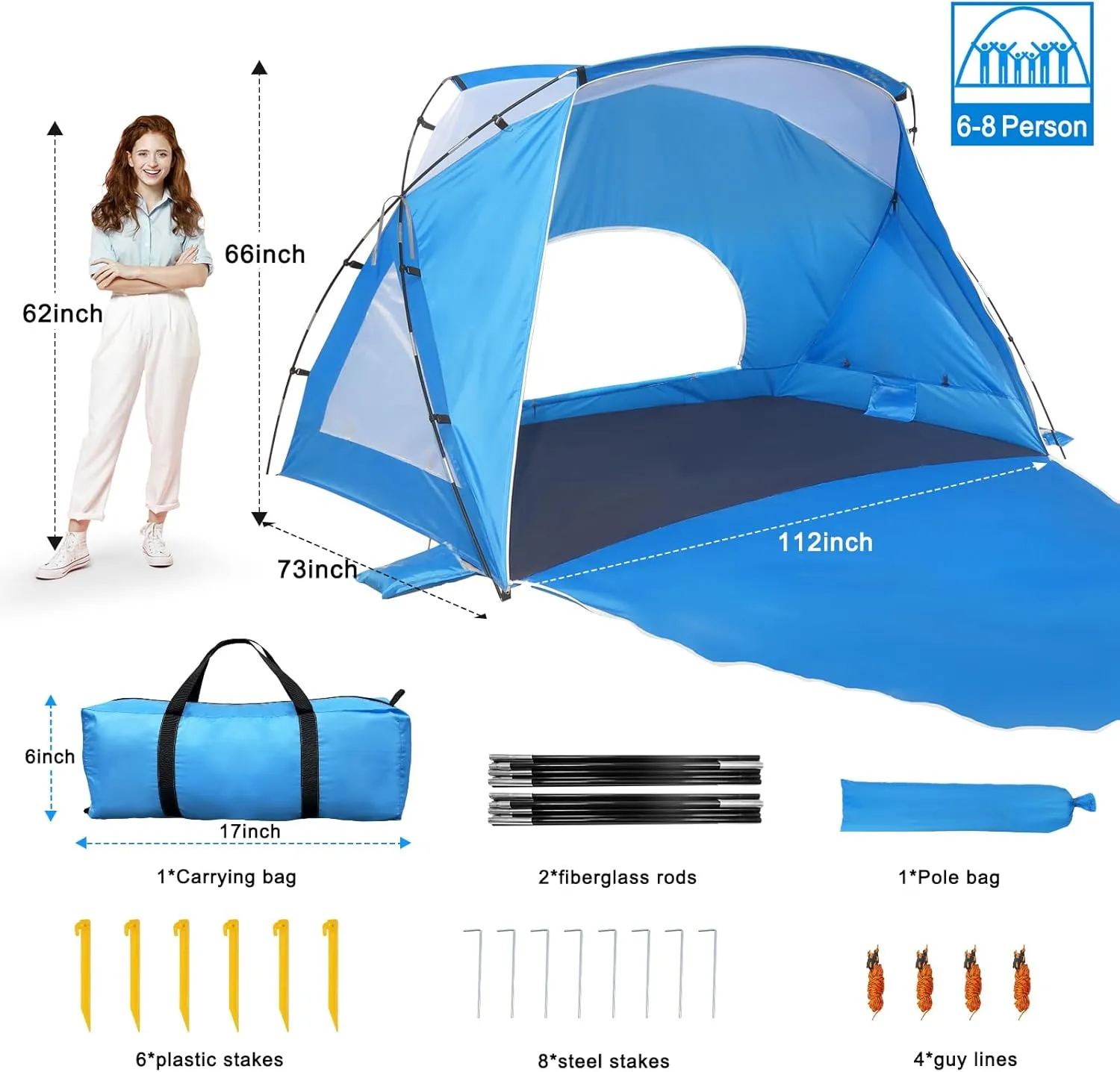 Calen Beach Tent,Beach Canopy Shade Tent with UPF50 UV Protection for 3/4-4/5-6/8 Person, Waterproof Portable Easy Setup Beach Sun Shelter Tent for Outdoor Adventures,Camping,Picnics with Carrying Bag