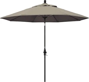 California Umbrella 9' Round Crank Lift, Collar Tilt, Aluminum Pole, Fiberglass Rib Patio Umbrella, Bronze Finish, Sunbrella Taupe