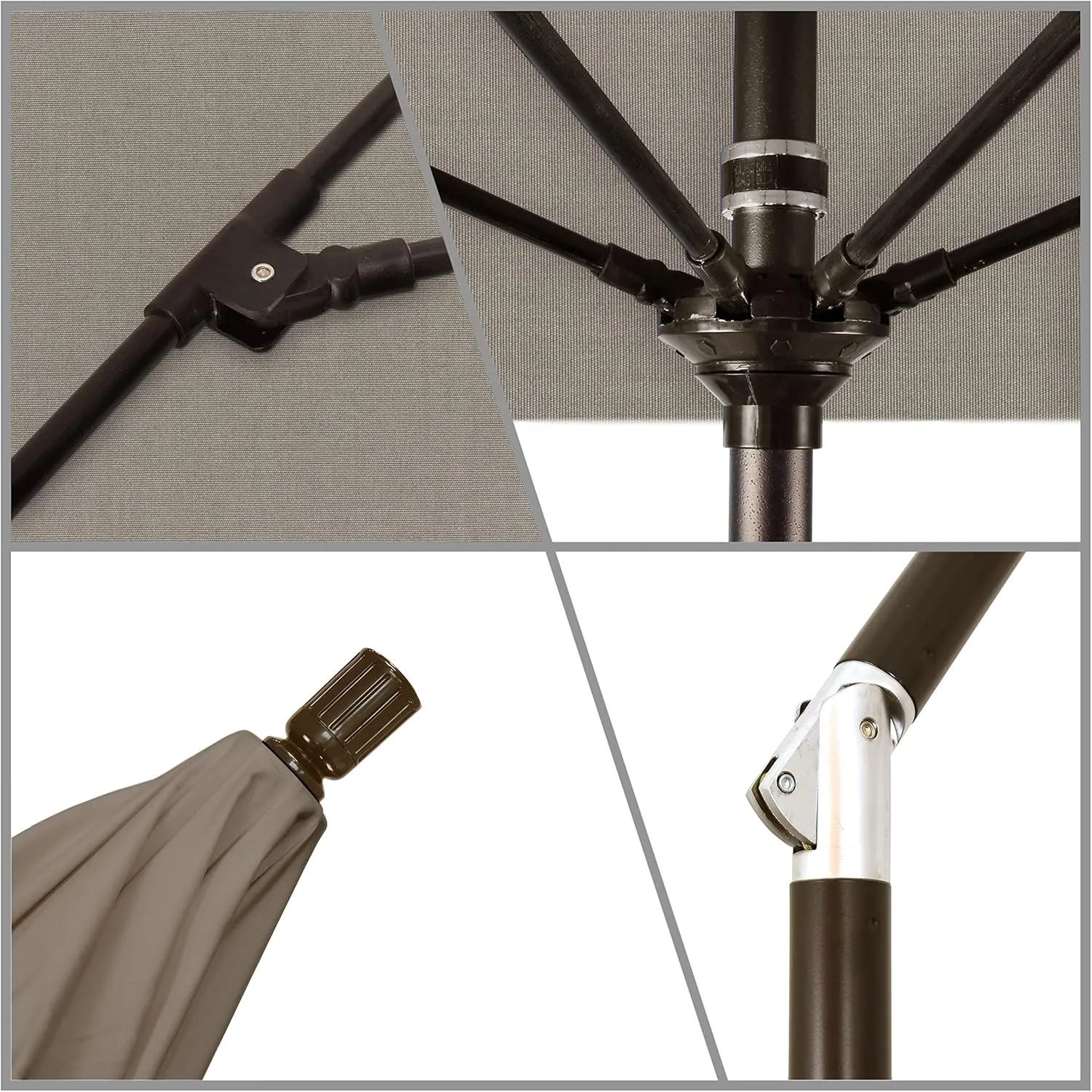 California Umbrella 9' Round Crank Lift, Collar Tilt, Aluminum Pole, Fiberglass Rib Patio Umbrella, Bronze Finish, Sunbrella Taupe