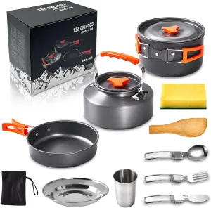 Camping Cookware Mess Kit, Non-Stick Lightweight Portable Pot Pan Kettle Set with Stainless Steel Cup Plate Fork Knive Spoon for Camping, Backpacking, Garden Outdoor Cooking and Picnic