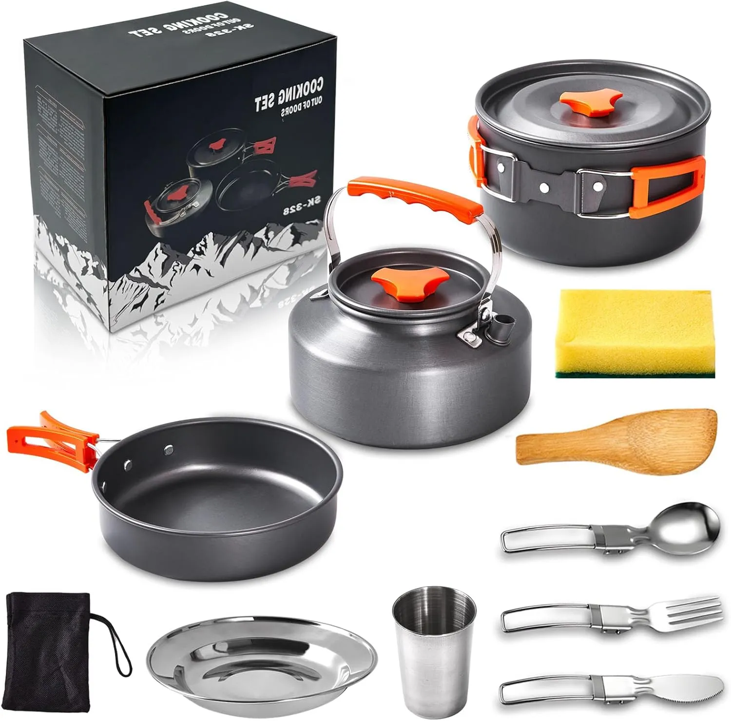 Camping Cookware Mess Kit, Non-Stick Lightweight Portable Pot Pan Kettle Set with Stainless Steel Cup Plate Fork Knive Spoon for Camping, Backpacking, Garden Outdoor Cooking and Picnic