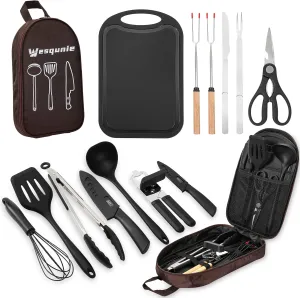 Camping Essentials Cookware Cooking Utensils Set - Portable Camp Kitchen Mess Kit Outdoor Accessories, Stainless Steel & Silicone, Camping Gear Equipment for RV Picnic Grill