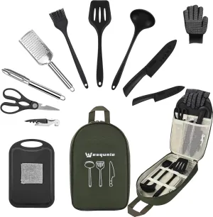 Camping Essentials Cookware Cooking Utensils Set - Portable Camp Kitchen Mess Kit Outdoor Accessories, Stainless Steel & Silicone, Camping Gear Equipment for RV Picnic Grill
