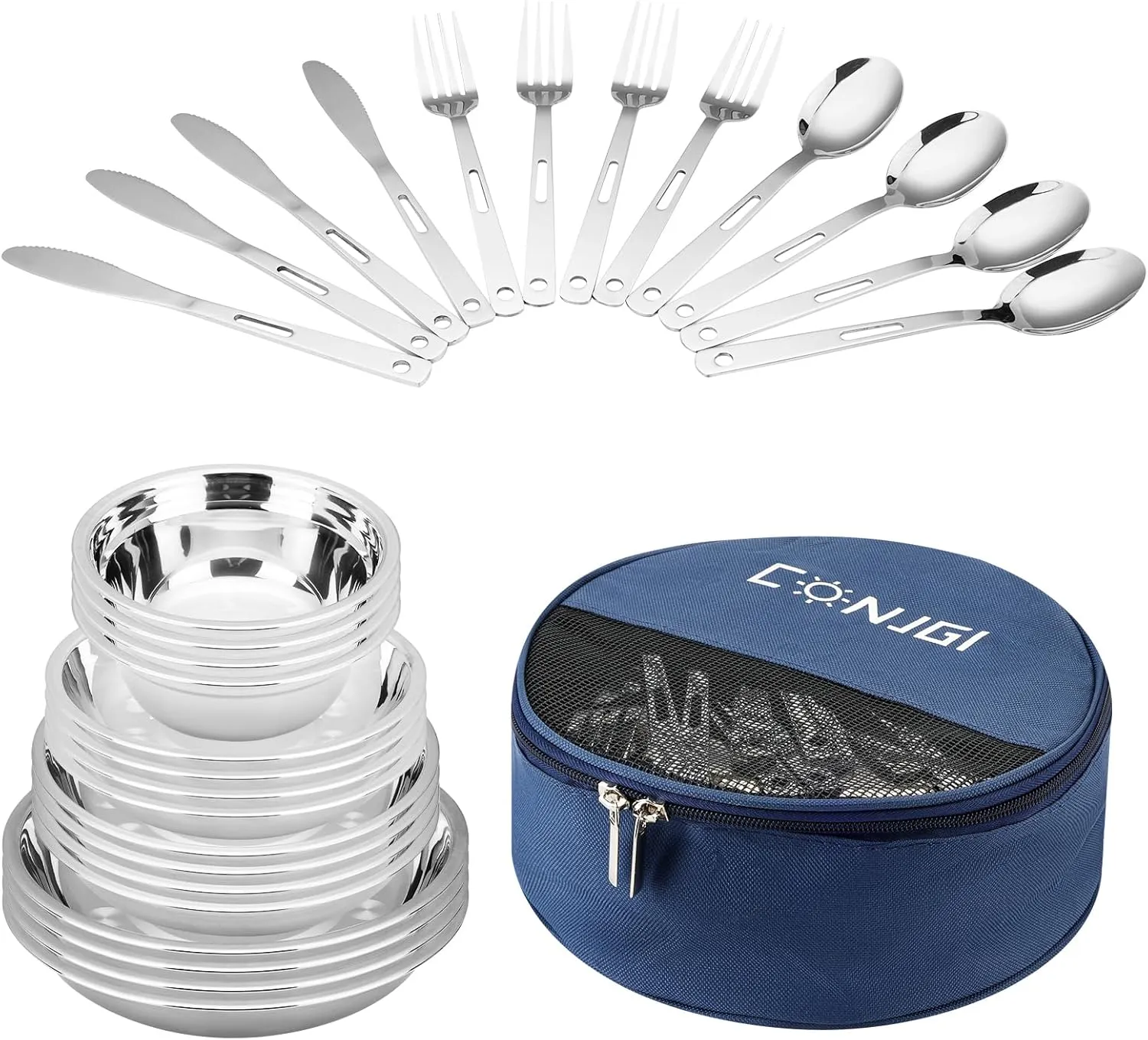 Camping Mess Kits - 28pcs Camping Dinnerware Set Camping Gifts Camping cookware Sets Camping Accessories Camping Cooking Utensils Set Bowls, Plates, Knives, Forks, Spoons