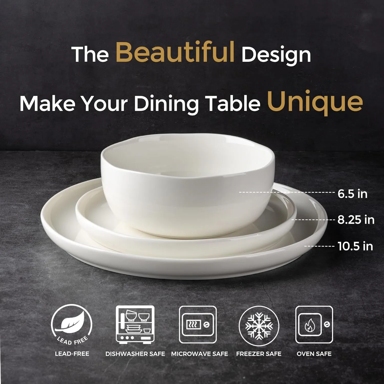 Ceramic Dinnerware Sets for 4,Handcraft Wavy Rim Stoneware Plates and Bowls Sets,Highly Chip and Crack Resistant | Dishwasher & Microwave & Oven Safe Dishes set,Service for 4 (12pc)-White &Wave