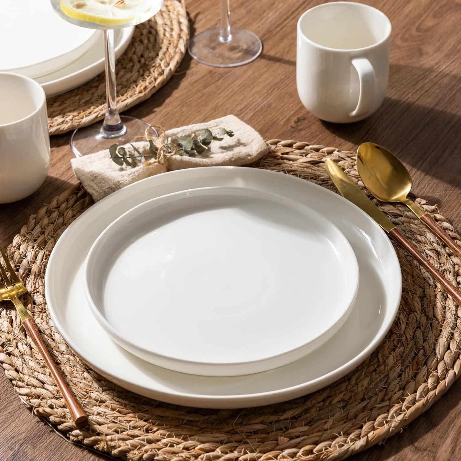 Ceramic Dinnerware Sets for 4,Handcraft Wavy Rim Stoneware Plates and Bowls Sets,Highly Chip and Crack Resistant | Dishwasher & Microwave & Oven Safe Dishes set,Service for 4 (12pc)-White &Wave