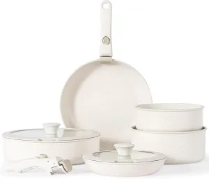 Ceramic Pots and Pans Set Non Stick with Removable Handle Detachable Handle Pots Pans, 9pcs Nonstick Cookware Set Non Toxic PFAS/PTFE Free White